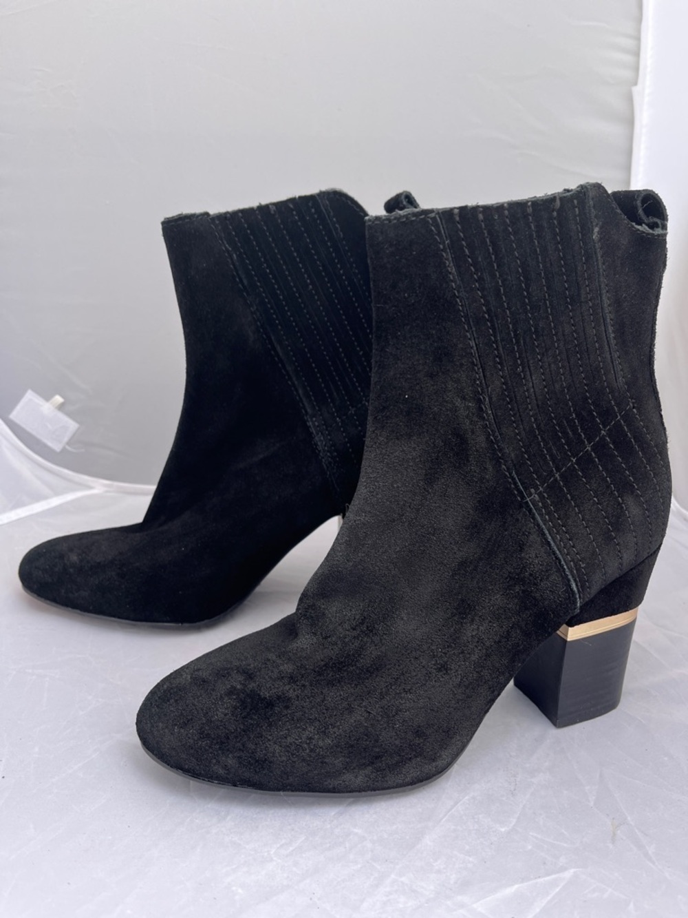 Lucca Lane Black Suede Ankle Boots Gold Hardware Accent Heel - Size 7
